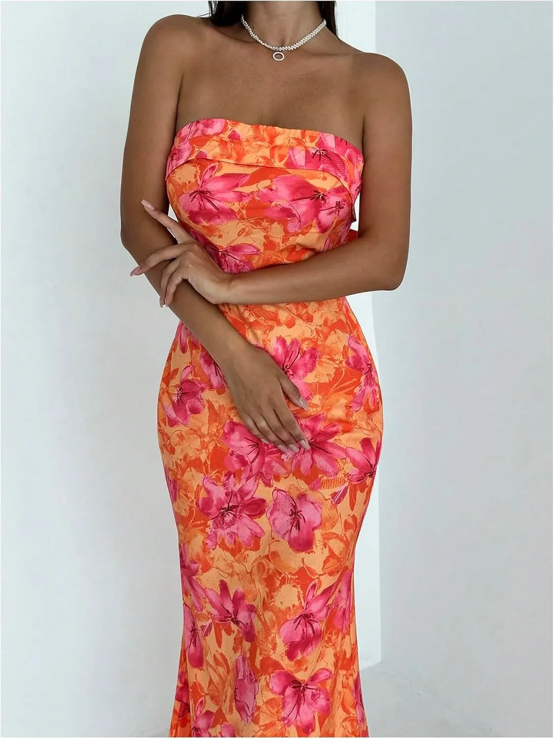 GORGLITTER Women's Floral Dress Ruched Strapless Bodycon Maxi Dresses