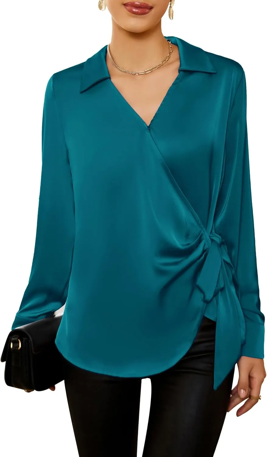 GRACE KARIN Women's Satin Silk Blouses Wrap V Neck Shirts Long Sleeve Elegant Tie Waist Office Formal Work Tunic PulloverTops