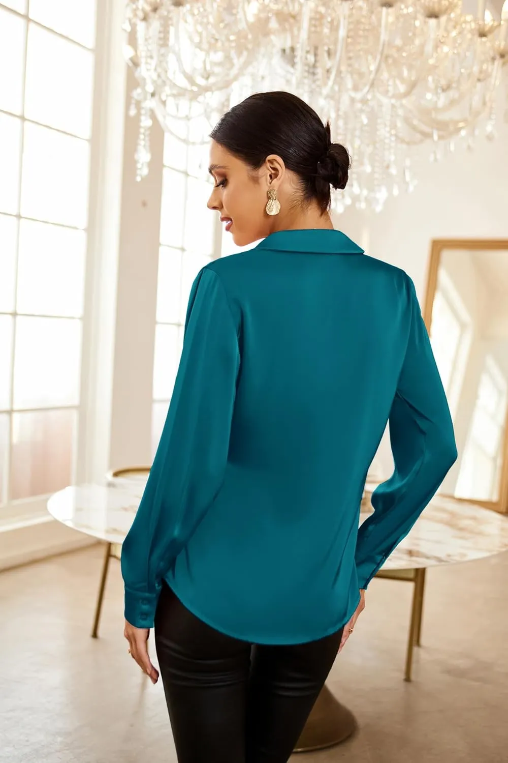 GRACE KARIN Women's Satin Silk Blouses Wrap V Neck Shirts Long Sleeve Elegant Tie Waist Office Formal Work Tunic PulloverTops
