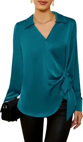 GRACE KARIN Women's Satin Silk Blouses Wrap V Neck Shirts Long Sleeve Elegant Tie Waist Office Formal Work Tunic PulloverTops