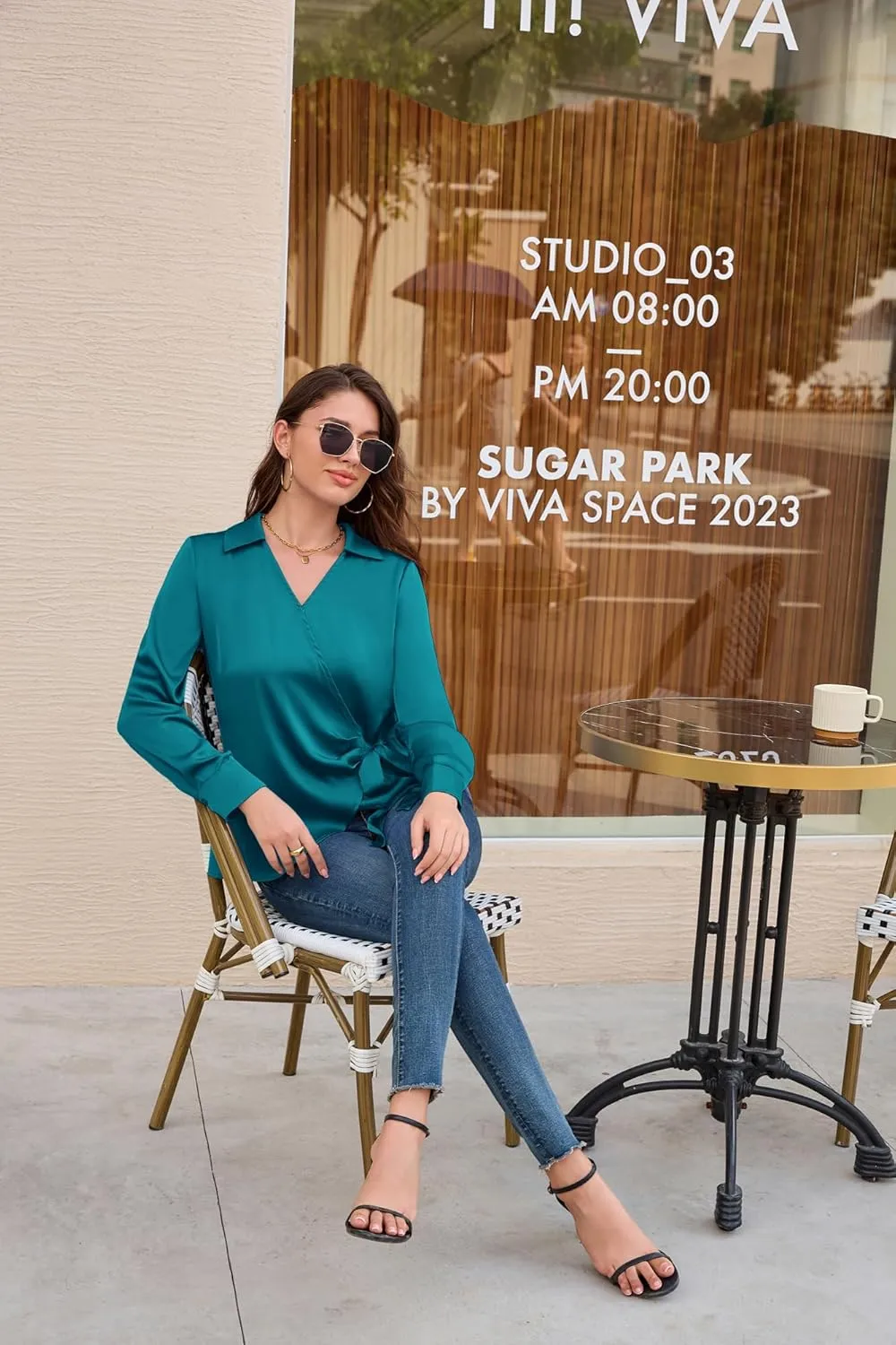 GRACE KARIN Women's Satin Silk Blouses Wrap V Neck Shirts Long Sleeve Elegant Tie Waist Office Formal Work Tunic PulloverTops