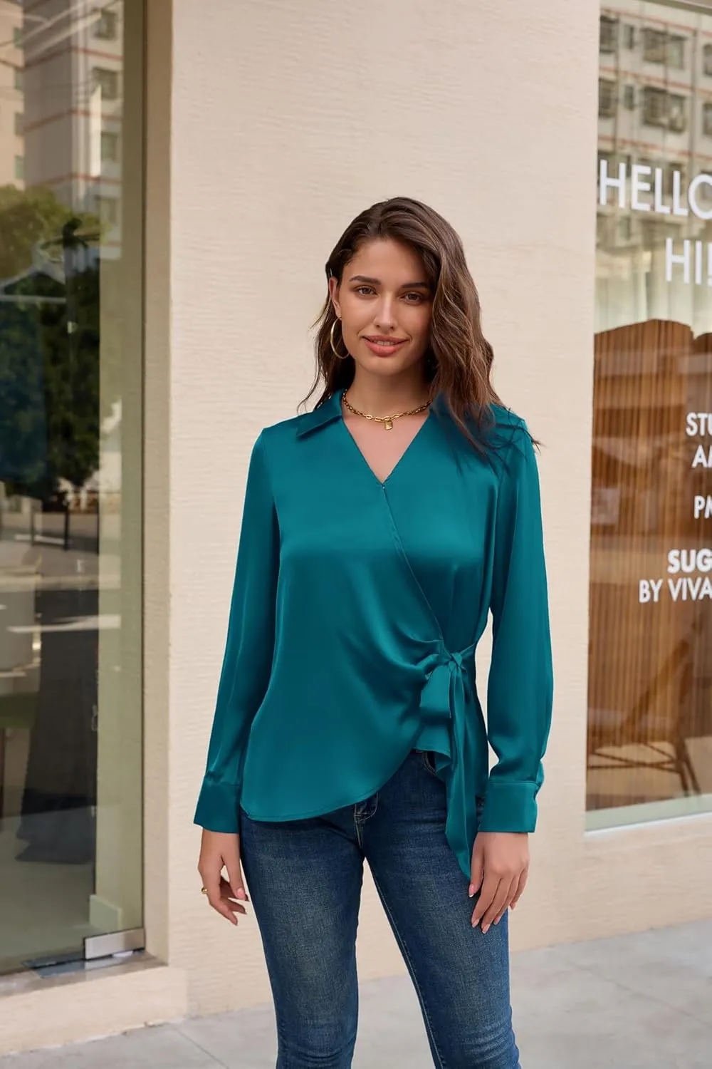 GRACE KARIN Women's Satin Silk Blouses Wrap V Neck Shirts Long Sleeve Elegant Tie Waist Office Formal Work Tunic PulloverTops