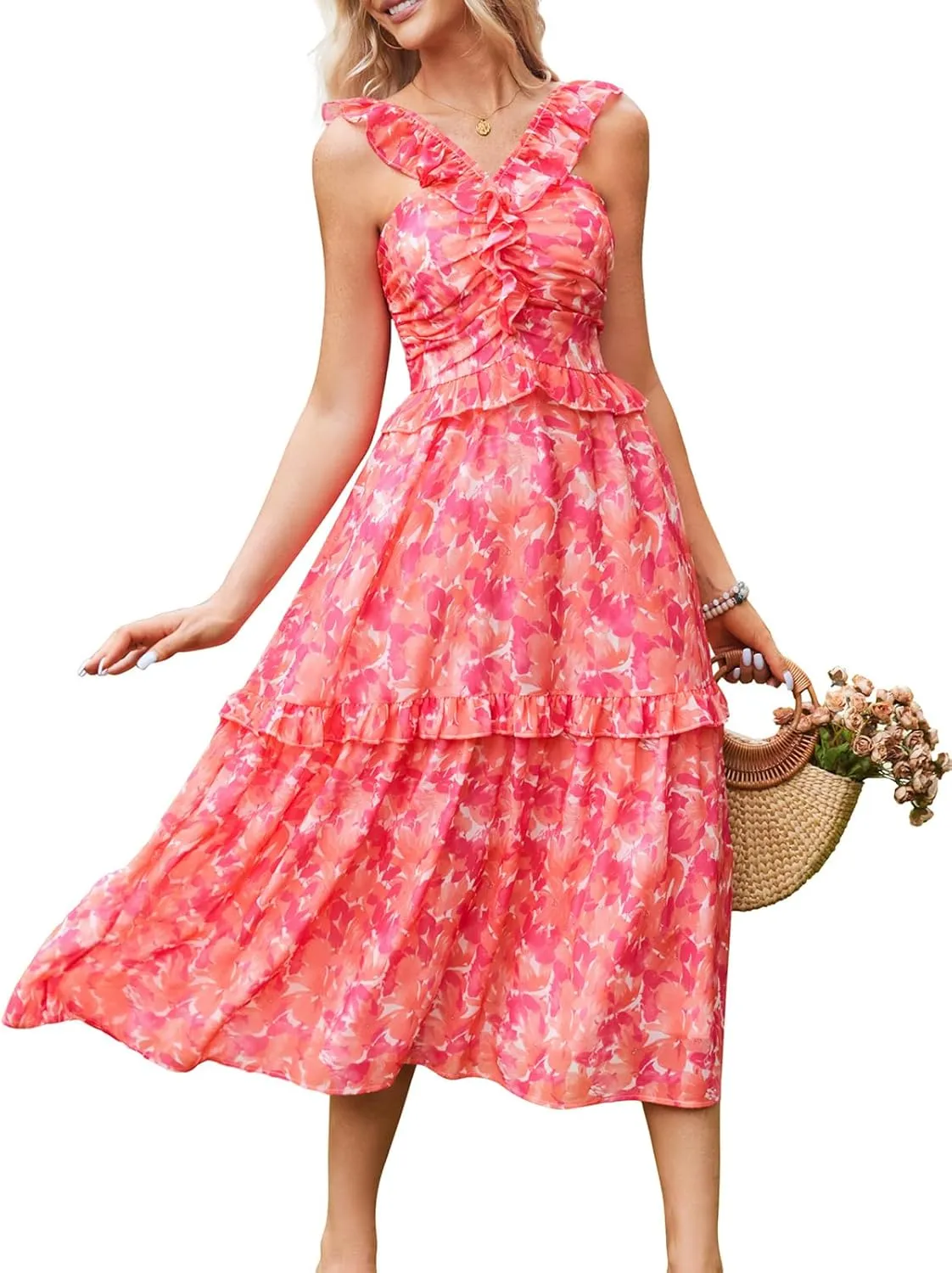 GRACE KARIN Womens Summer Boho Floral Tiered Dress Strap A Line Swing Flowy Midi Dress Ruffle Beach Wedding Guest Dress