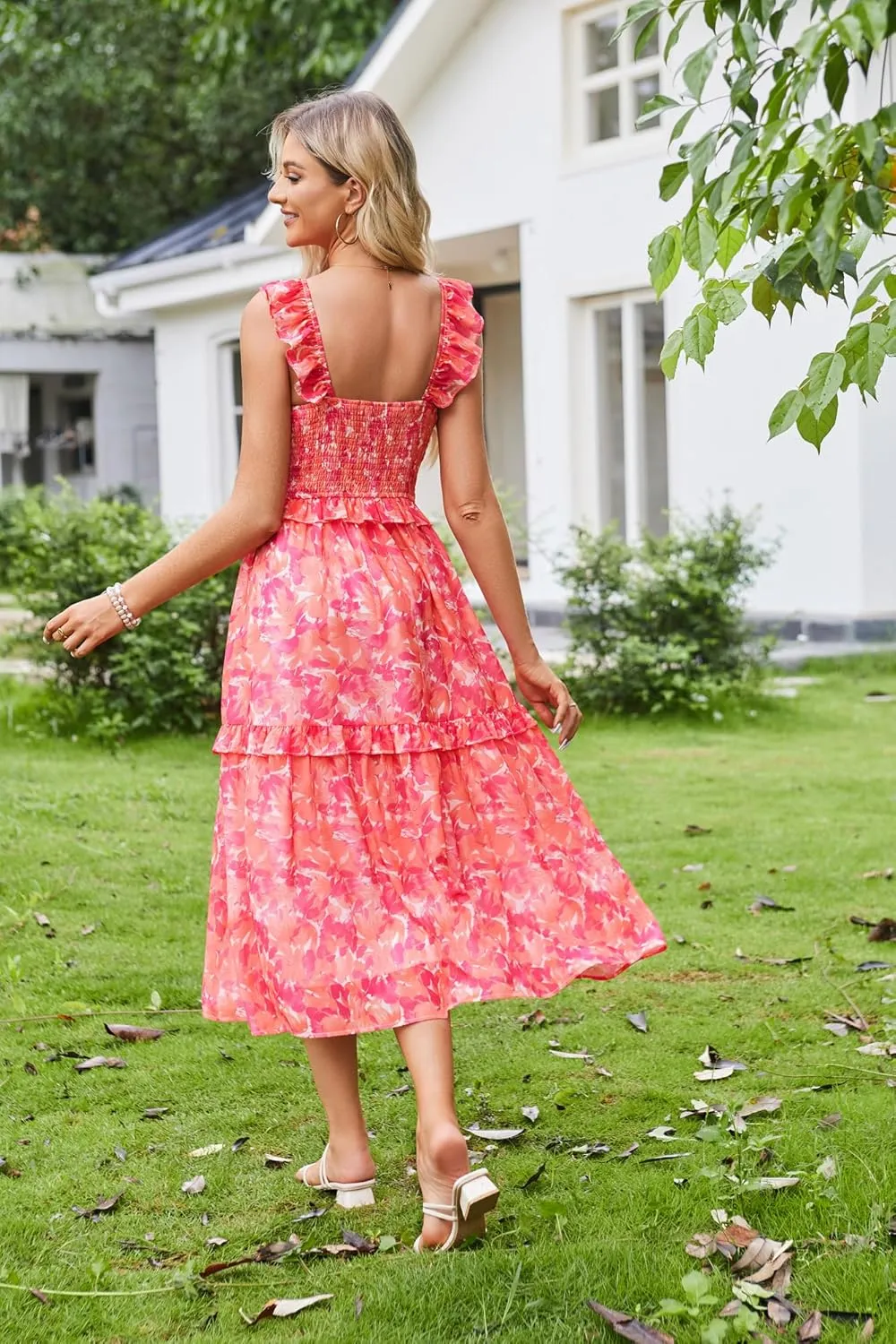 GRACE KARIN Womens Summer Boho Floral Tiered Dress Strap A Line Swing Flowy Midi Dress Ruffle Beach Wedding Guest Dress
