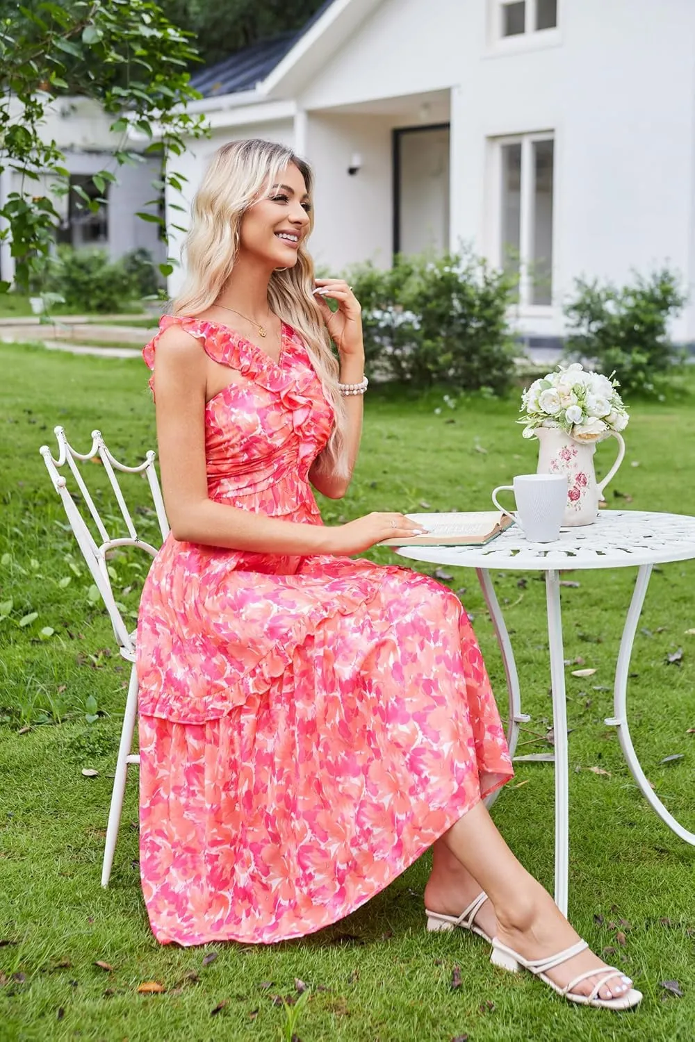 GRACE KARIN Womens Summer Boho Floral Tiered Dress Strap A Line Swing Flowy Midi Dress Ruffle Beach Wedding Guest Dress
