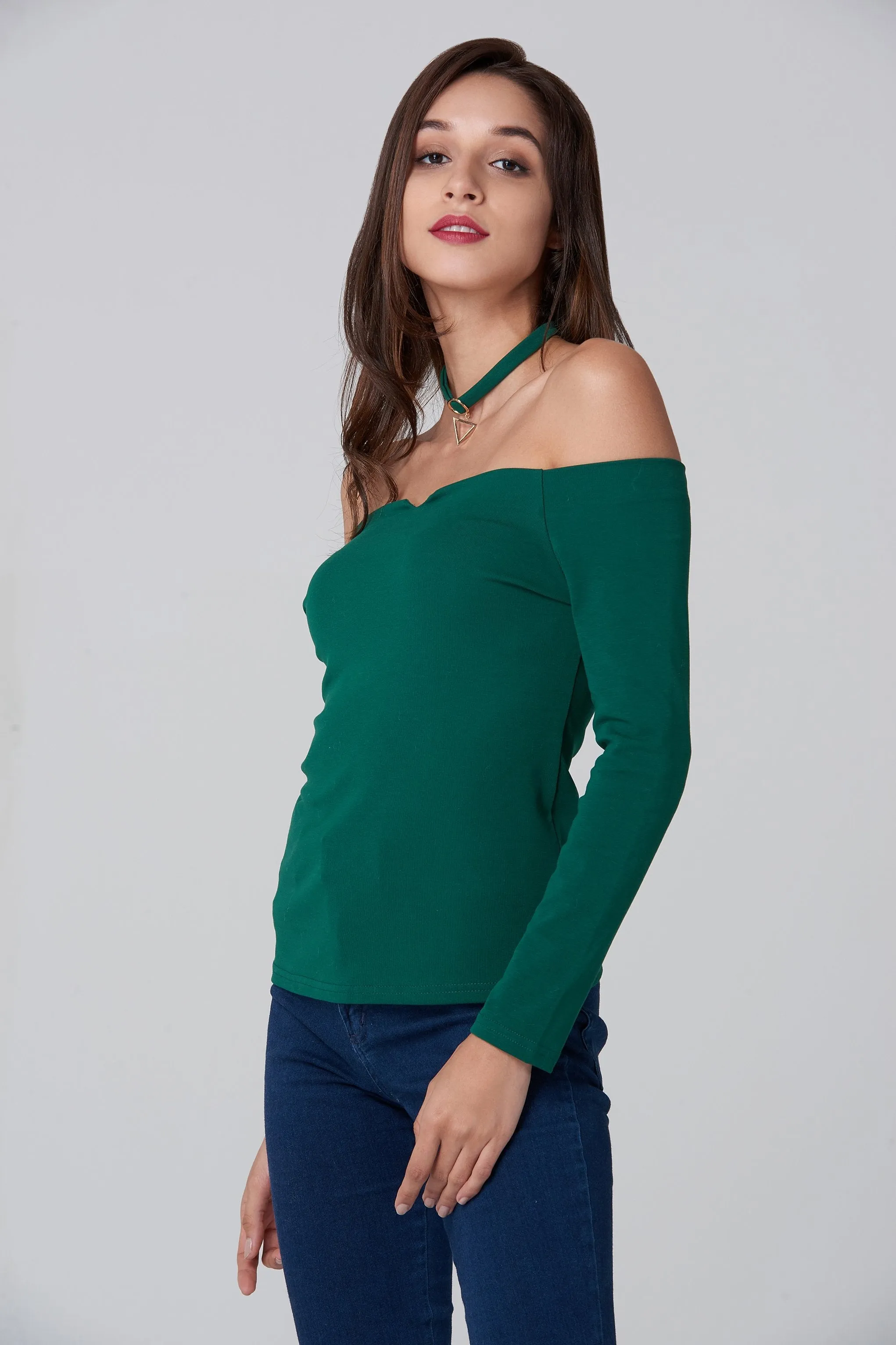 Green Off the Shoulder Prism Choker Top