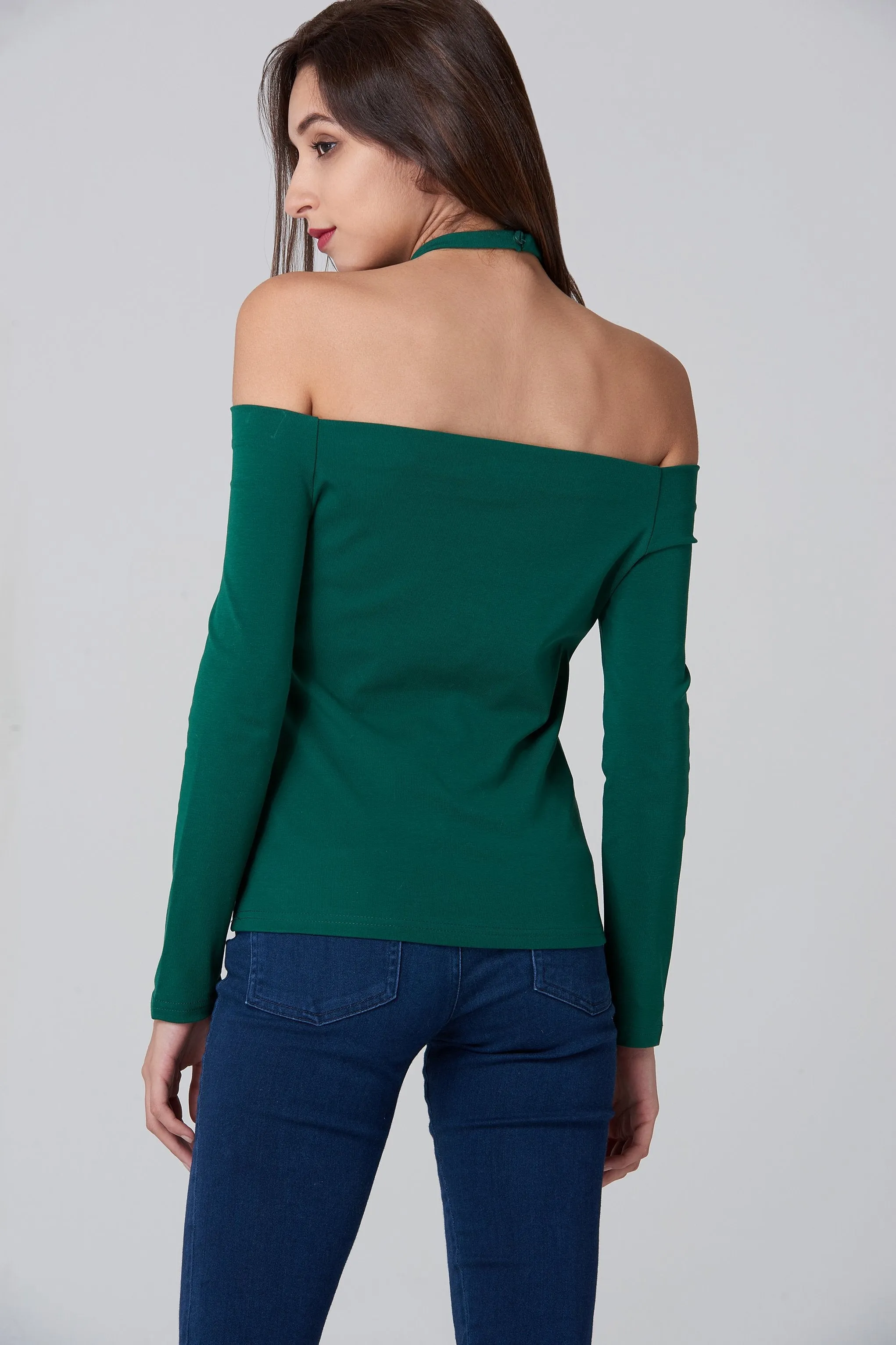 Green Off the Shoulder Prism Choker Top
