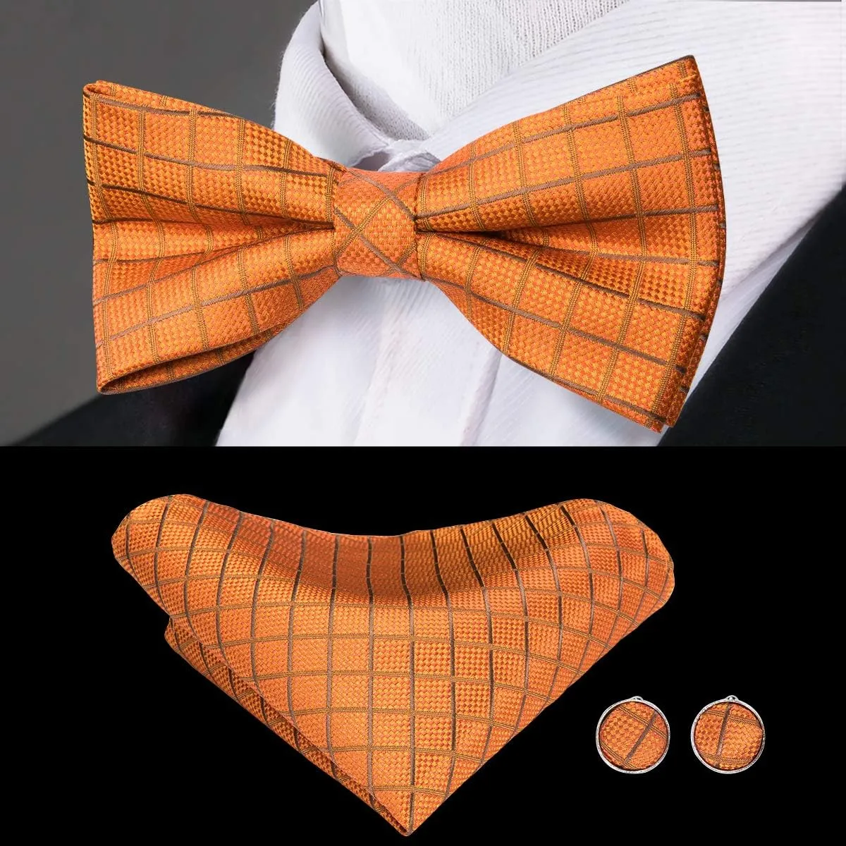 Hi-Tie Men Ties Bowtie Set Woven Silk Necktie Bow Tie and Pocket Square Cufflinks Set with Tie Clip or Flower Lapel Pin