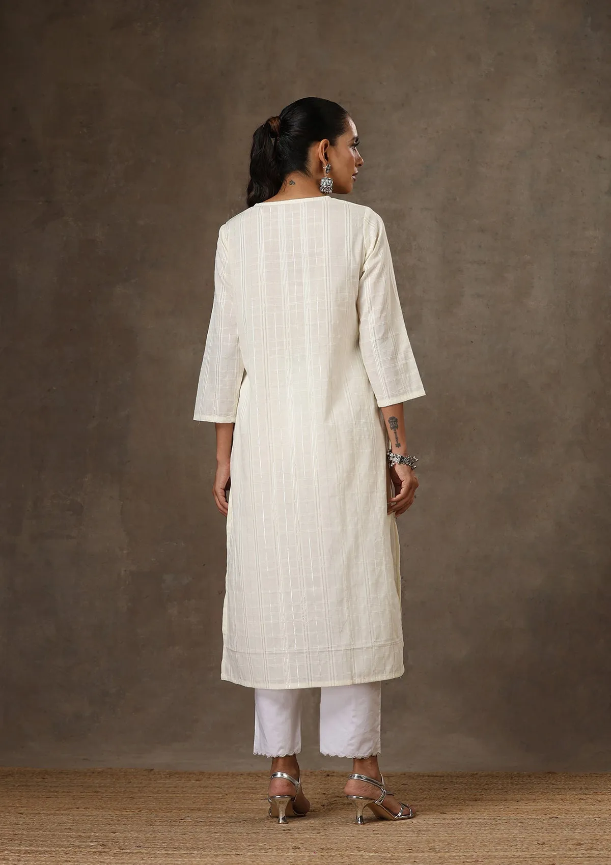 HOC Crafts Cotton Hand Embroidered Solid Women's Long Kurta - White