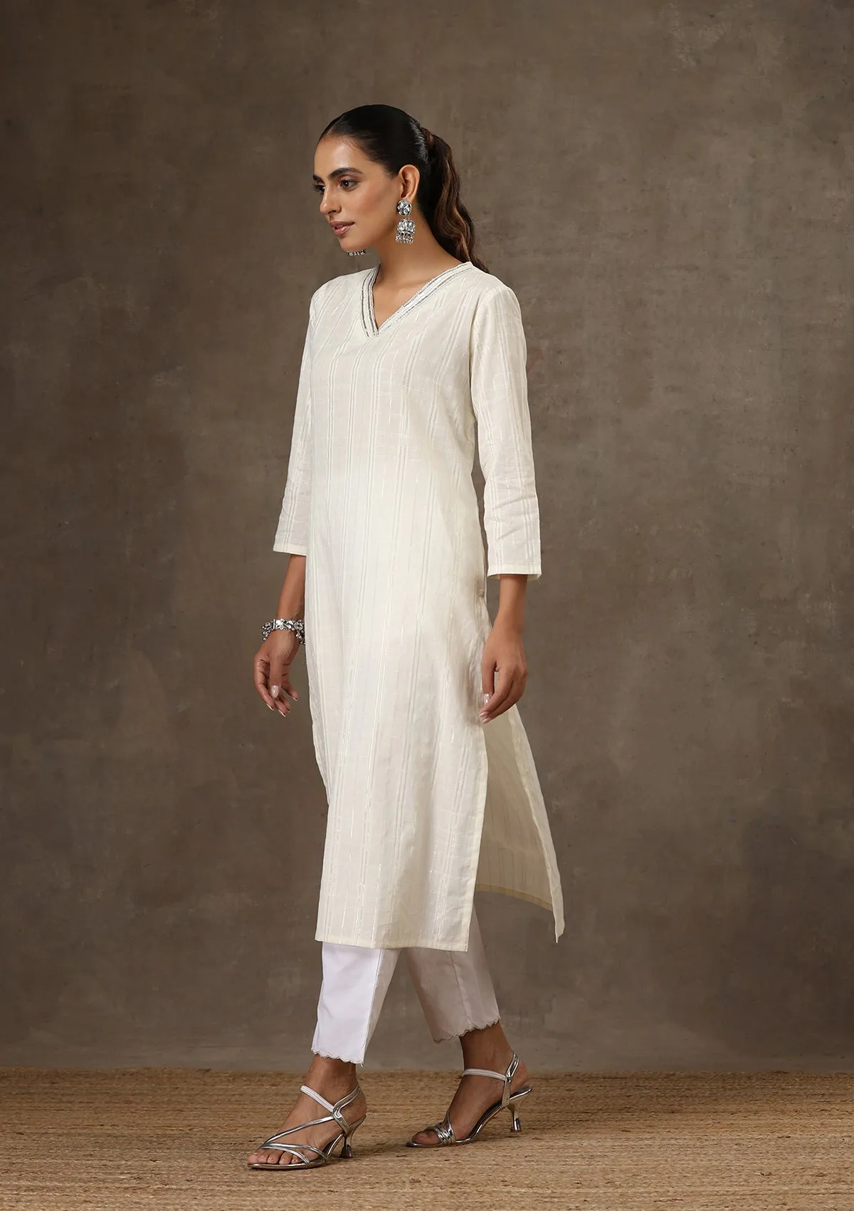 HOC Crafts Cotton Hand Embroidered Solid Women's Long Kurta - White