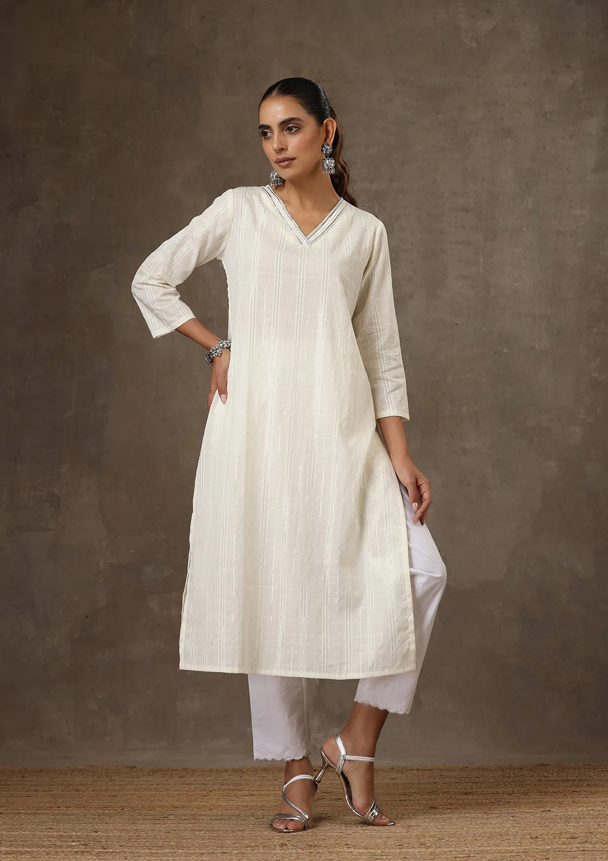 HOC Crafts Cotton Hand Embroidered Solid Women's Long Kurta - White