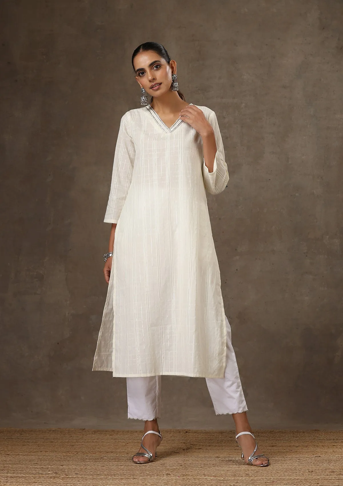 HOC Crafts Cotton Hand Embroidered Solid Women's Long Kurta - White