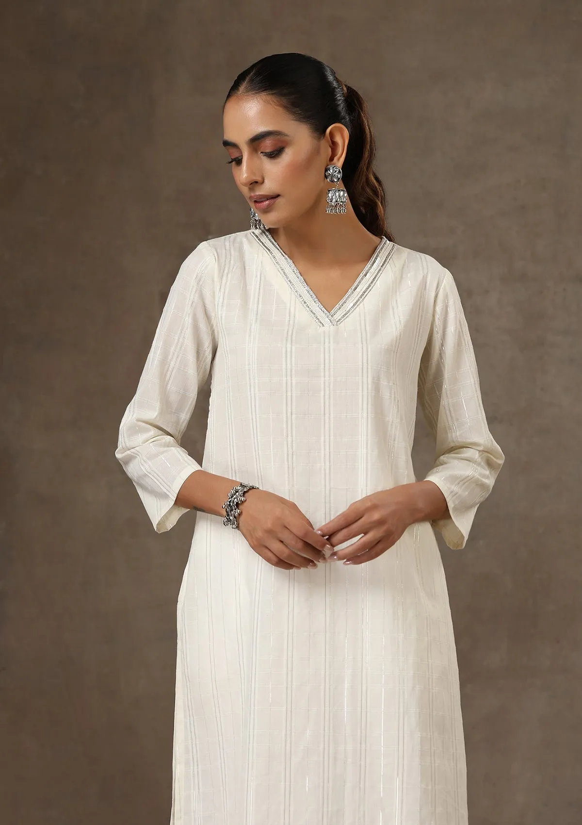 HOC Crafts Cotton Hand Embroidered Solid Women's Long Kurta - White