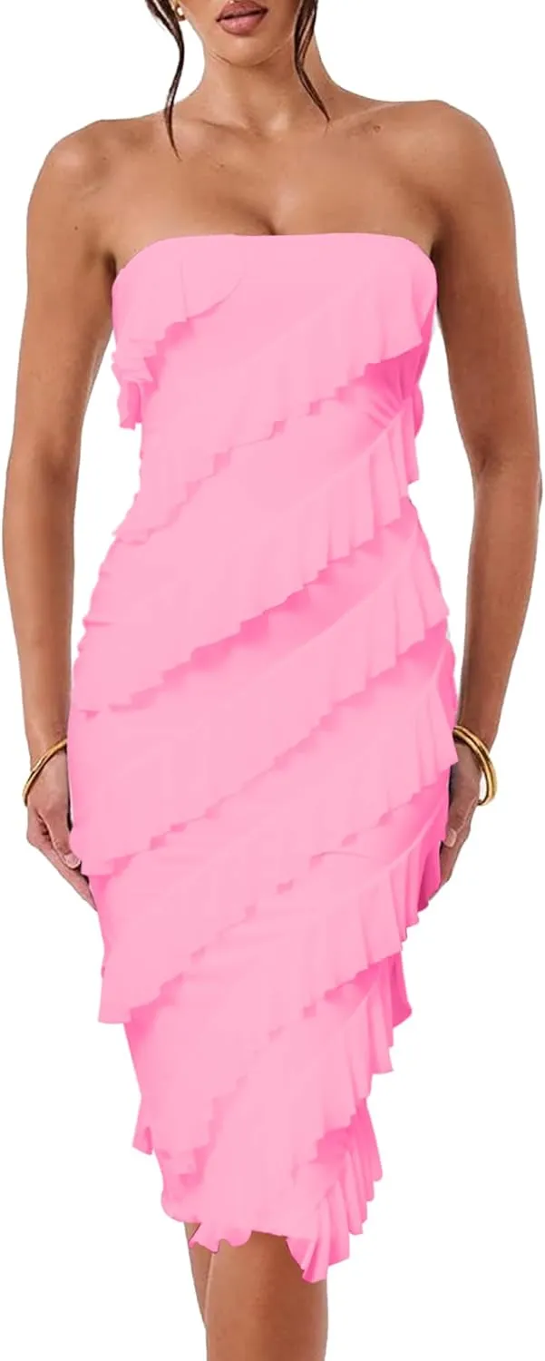 HOCILLE Women's Sexy Strapless Tube Top Bodycon Sleeveless Ruffle Midi Party Cocktail Dress