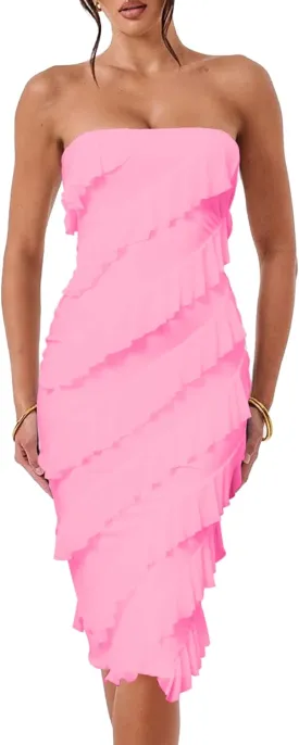 HOCILLE Women's Sexy Strapless Tube Top Bodycon Sleeveless Ruffle Midi Party Cocktail Dress