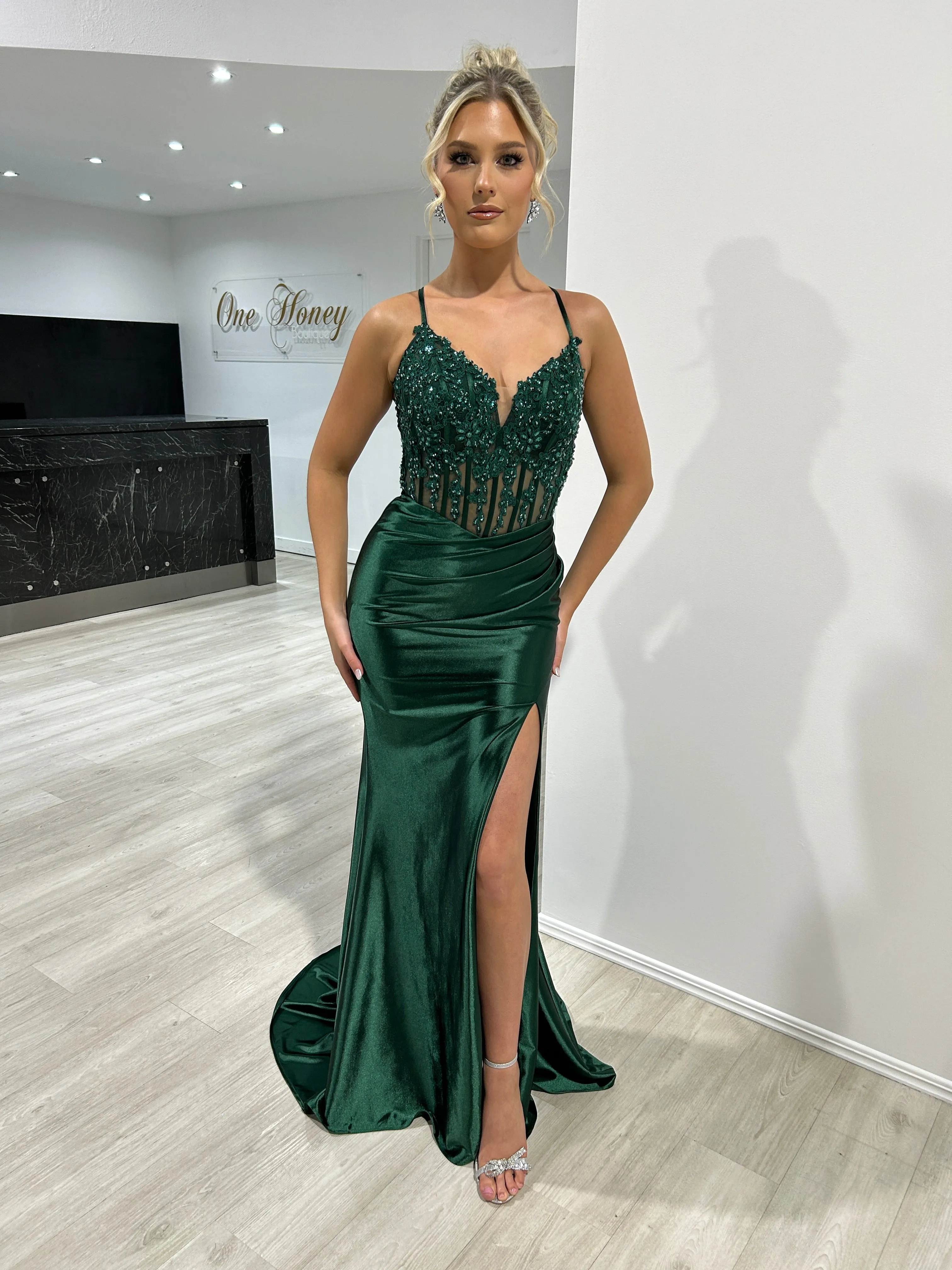 Honey Couture ALORA Embellished Bustier Corset Satin Mermaid Formal Dress