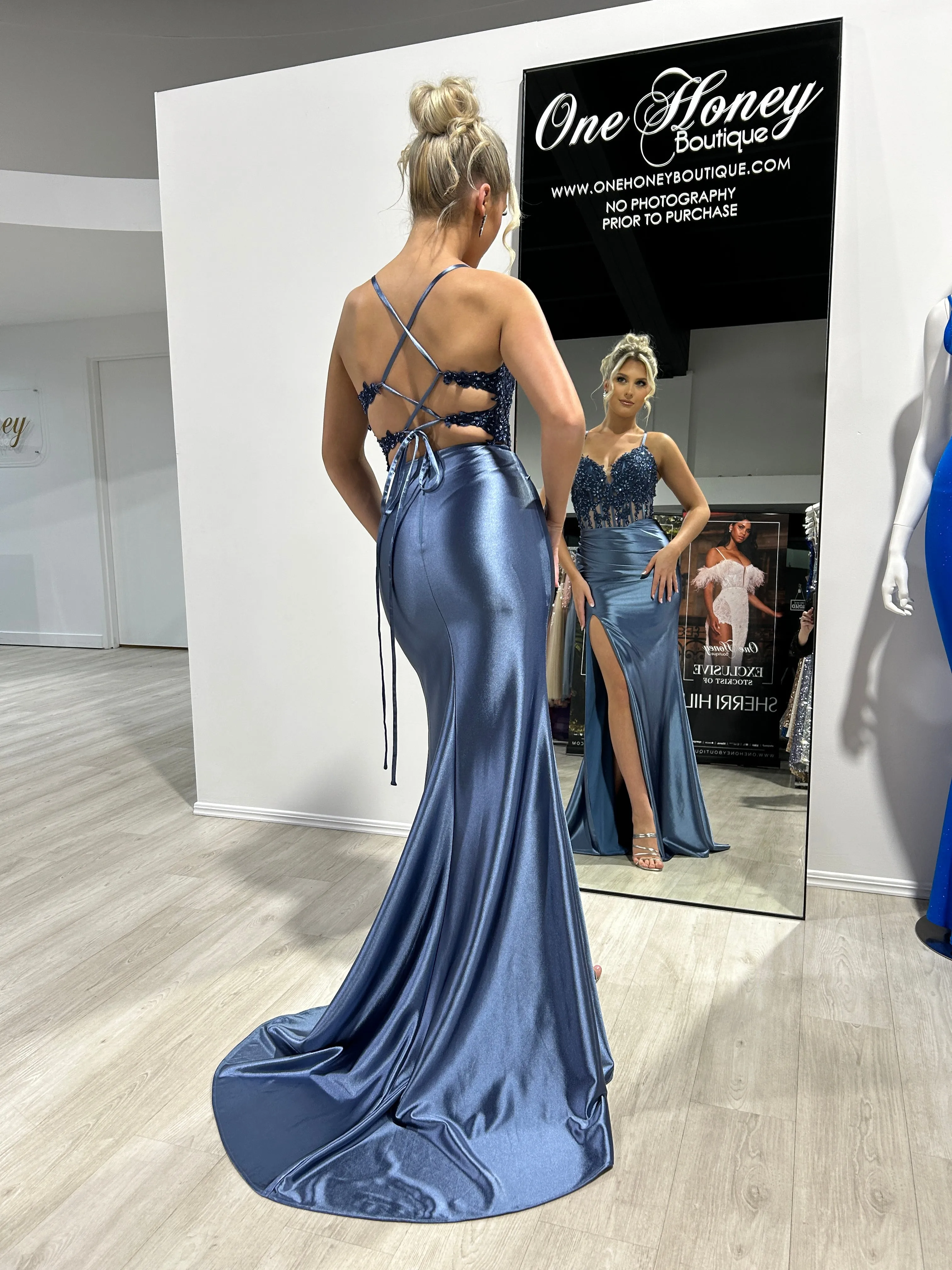 Honey Couture ALORA Embellished Bustier Corset Satin Mermaid Formal Dress