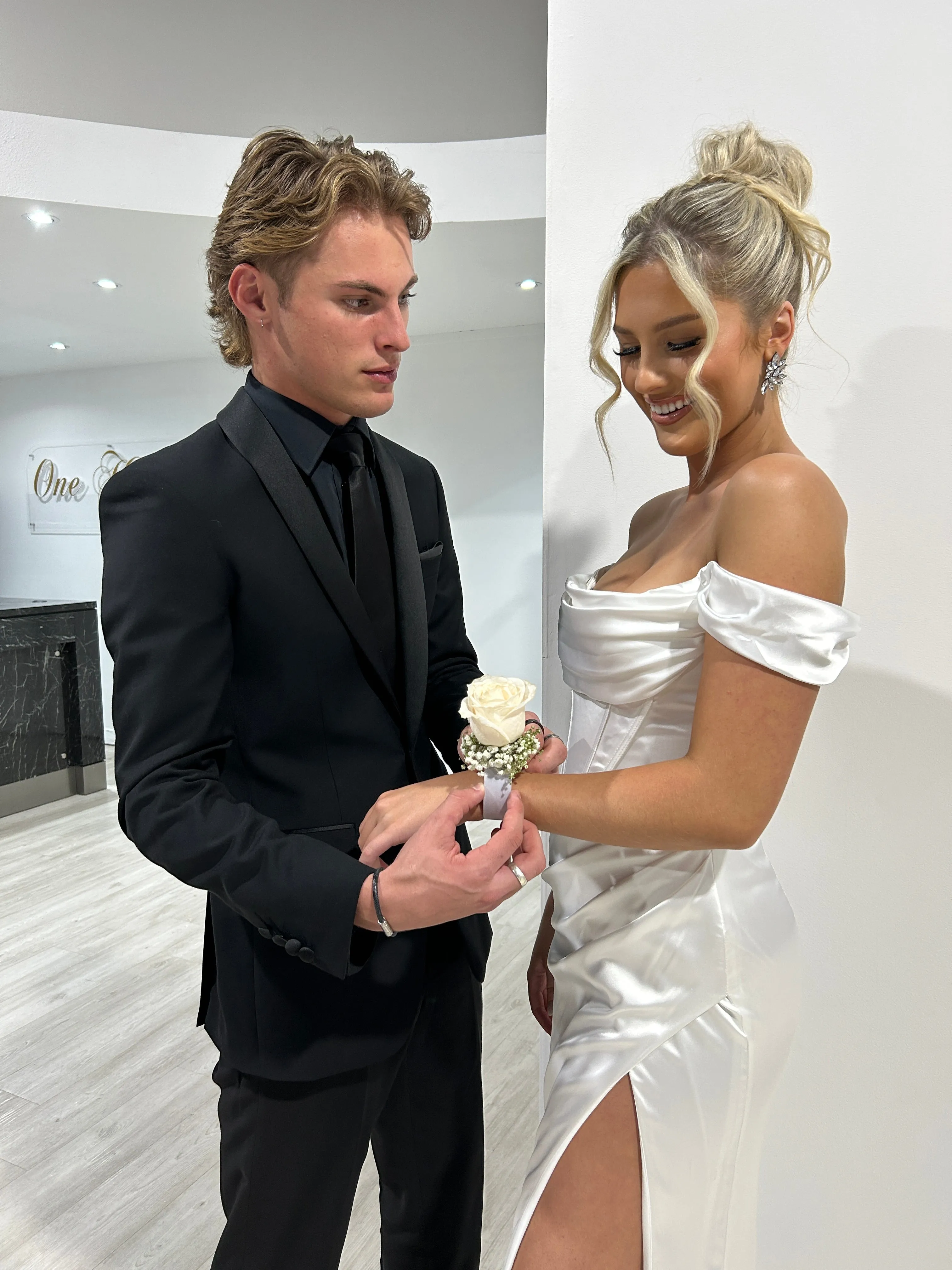 Honey Couture CECE Off White Satin Off The Shoulder Corset Bustier Formal Dress