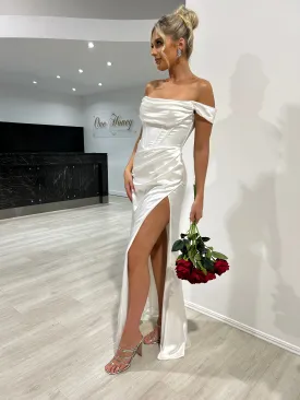 Honey Couture CECE Off White Satin Off The Shoulder Corset Bustier Formal Dress