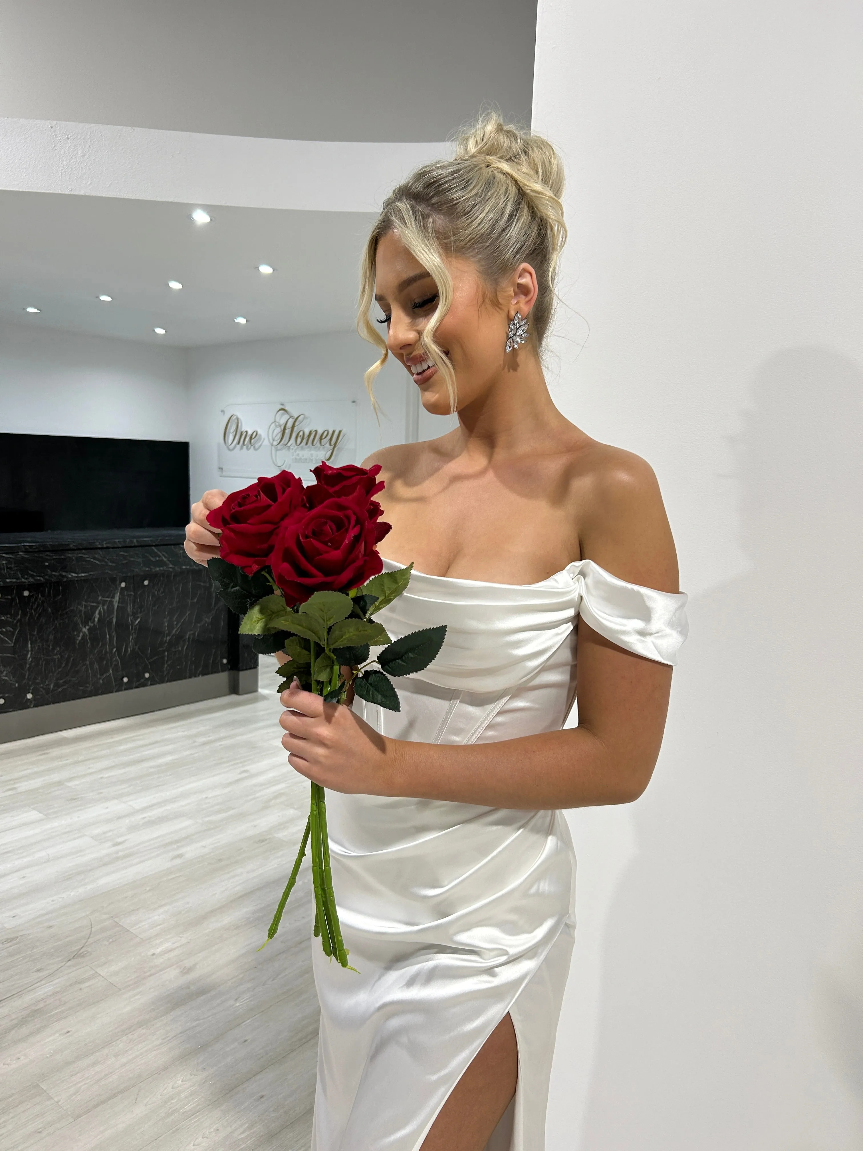 Honey Couture CECE Off White Satin Off The Shoulder Corset Bustier Formal Dress