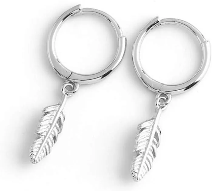 Huggie Small Sleeper Hoop Earrings for Women Girls Sterling Silver Cubic Zirconia with Charms Cute Drop Dangle Cuff Cartilage Helix Stud Dainty Multiple Jewelry (Silver Feather)