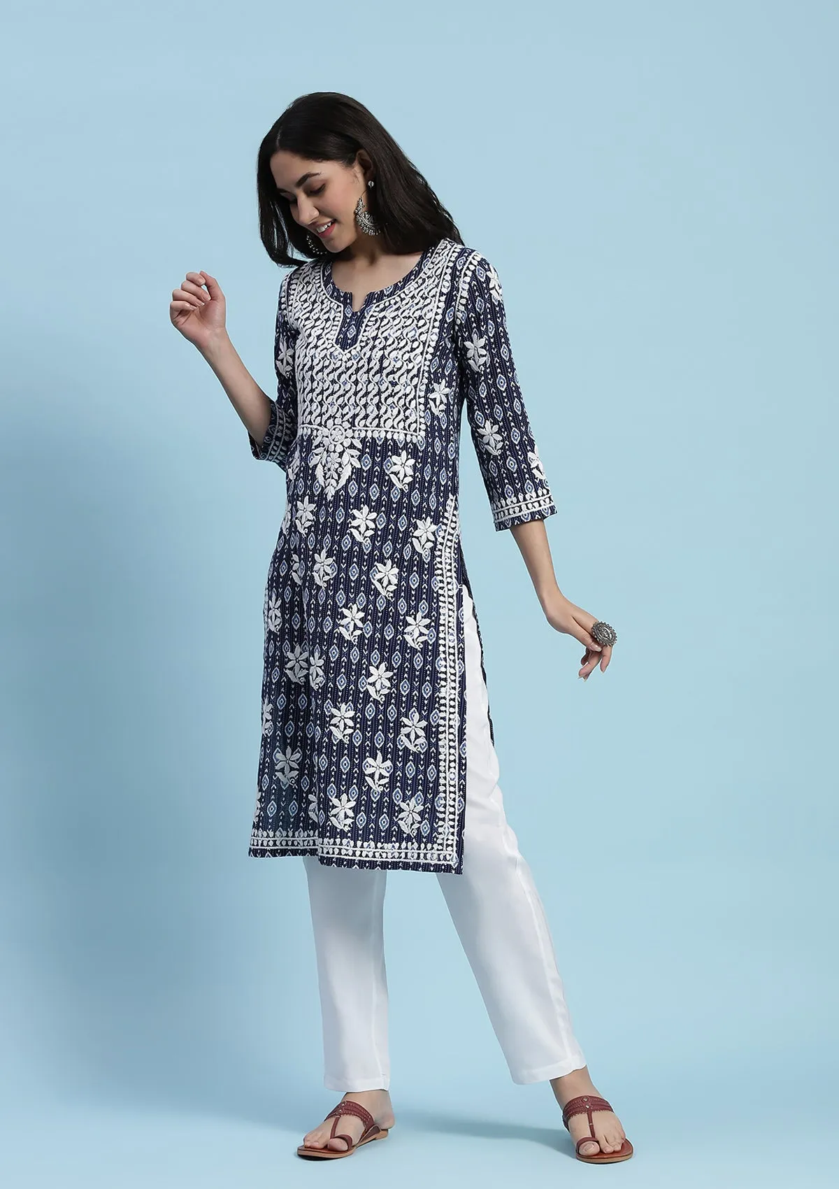 Kantha Cotton Chikankari Printed Women's Long Kurta - Blue