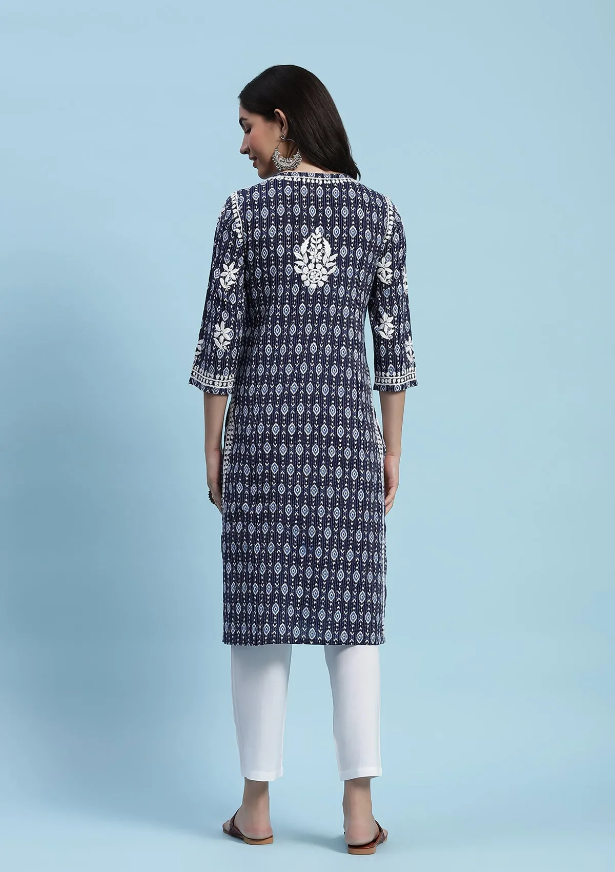 Kantha Cotton Chikankari Printed Women's Long Kurta - Blue