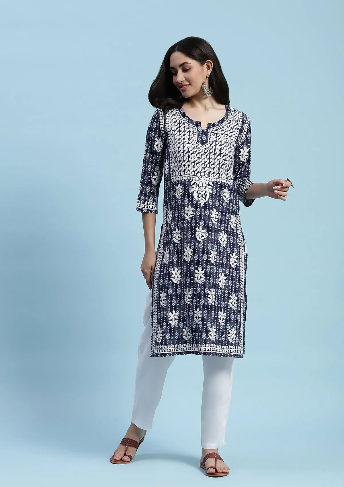 Kantha Cotton Chikankari Printed Women's Long Kurta - Blue