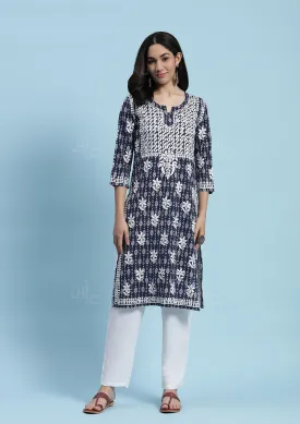 Kantha Cotton Chikankari Printed Women's Long Kurta - Blue