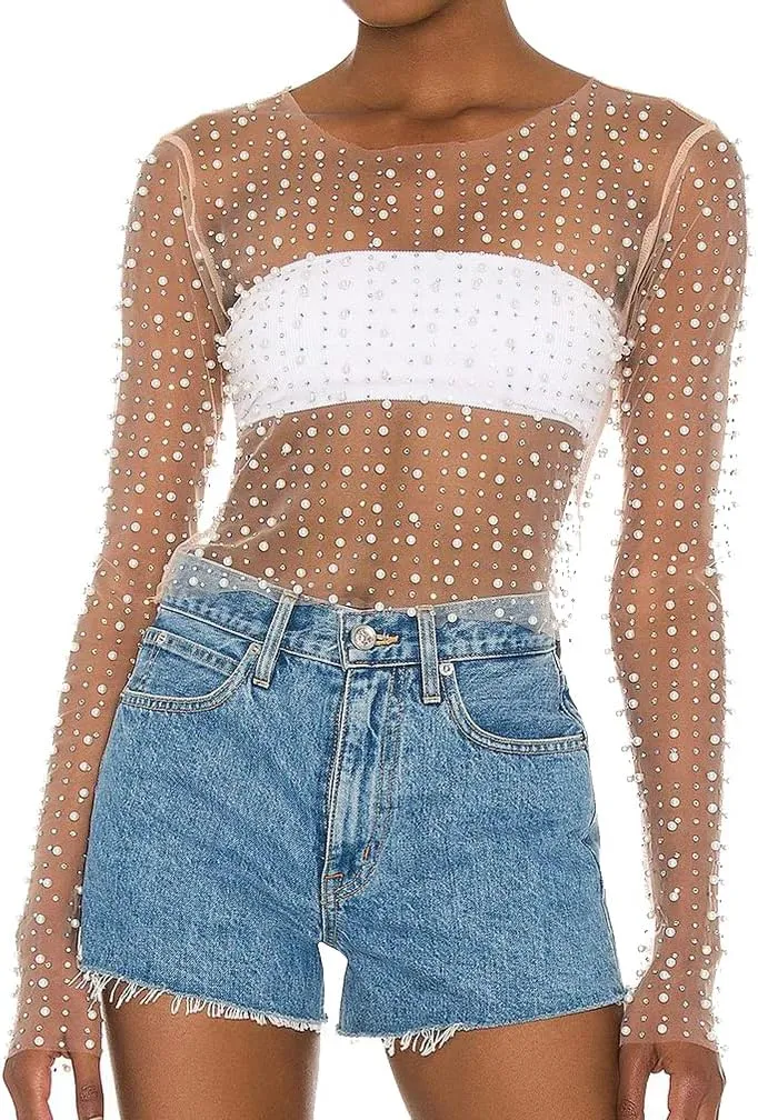 LOFAAC Women Sexy See Through Pearl Rhinestone Beaded Crop Top Y2K Long Sleeve Sheer Mesh Crop Blouse Shirt Clubwear 90s