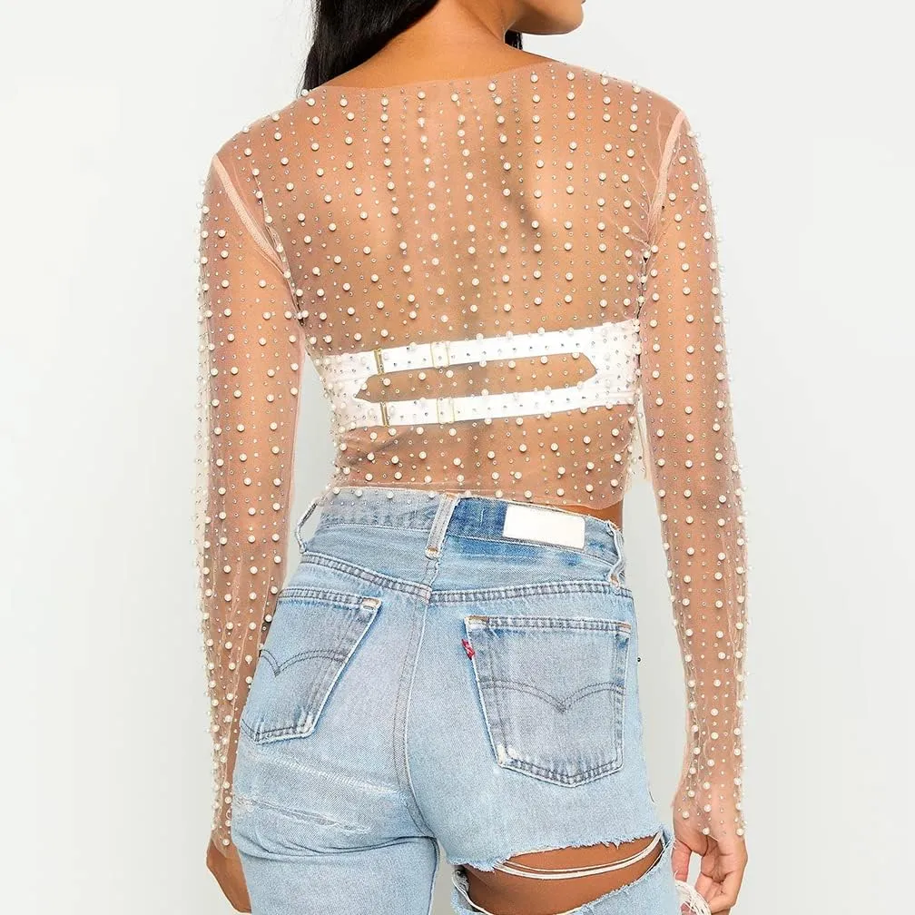 LOFAAC Women Sexy See Through Pearl Rhinestone Beaded Crop Top Y2K Long Sleeve Sheer Mesh Crop Blouse Shirt Clubwear 90s