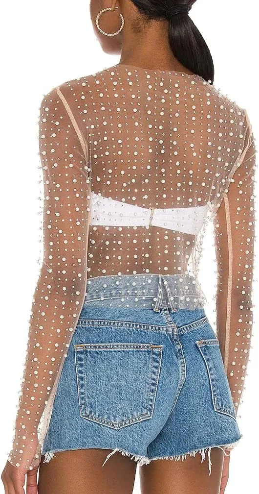 LOFAAC Women Sexy See Through Pearl Rhinestone Beaded Crop Top Y2K Long Sleeve Sheer Mesh Crop Blouse Shirt Clubwear 90s