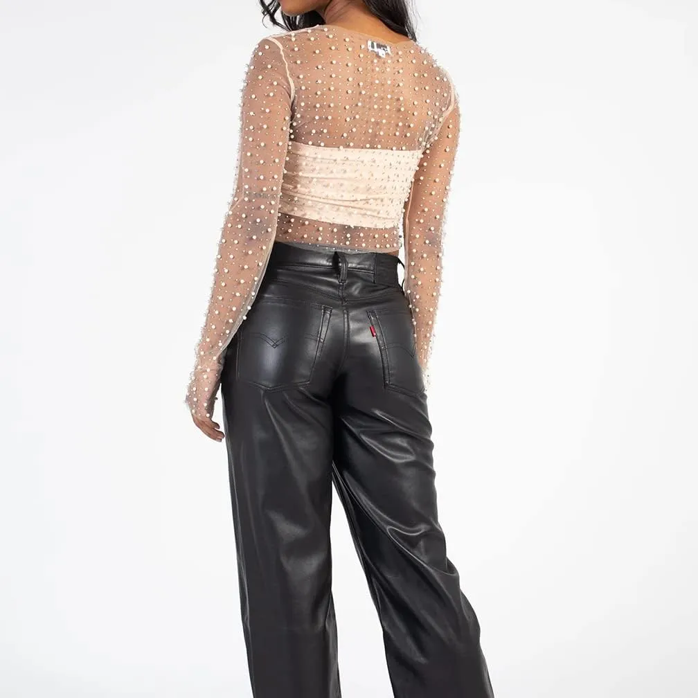 LOFAAC Women Sexy See Through Pearl Rhinestone Beaded Crop Top Y2K Long Sleeve Sheer Mesh Crop Blouse Shirt Clubwear 90s