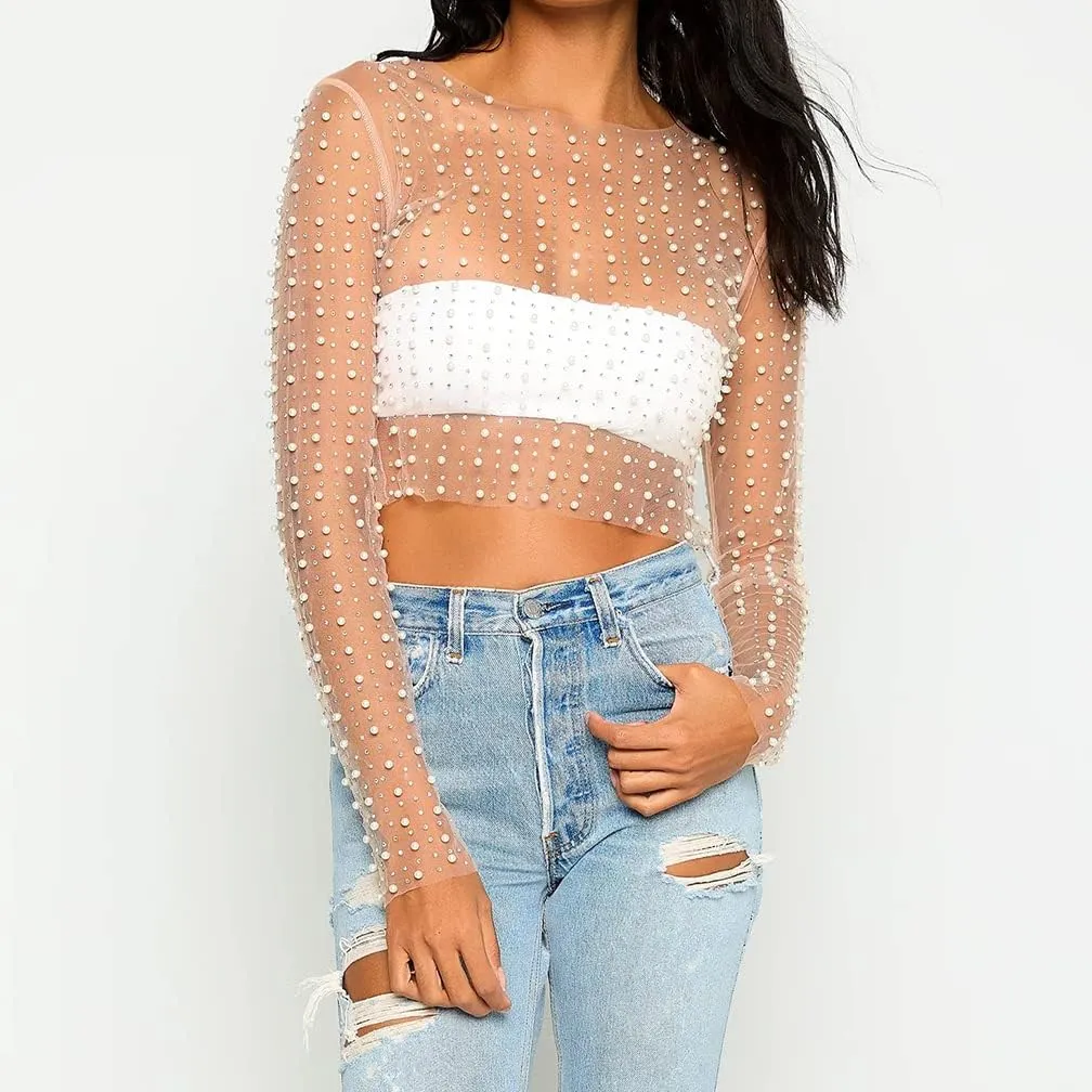 LOFAAC Women Sexy See Through Pearl Rhinestone Beaded Crop Top Y2K Long Sleeve Sheer Mesh Crop Blouse Shirt Clubwear 90s