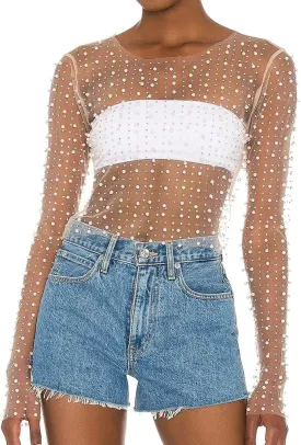 LOFAAC Women Sexy See Through Pearl Rhinestone Beaded Crop Top Y2K Long Sleeve Sheer Mesh Crop Blouse Shirt Clubwear 90s