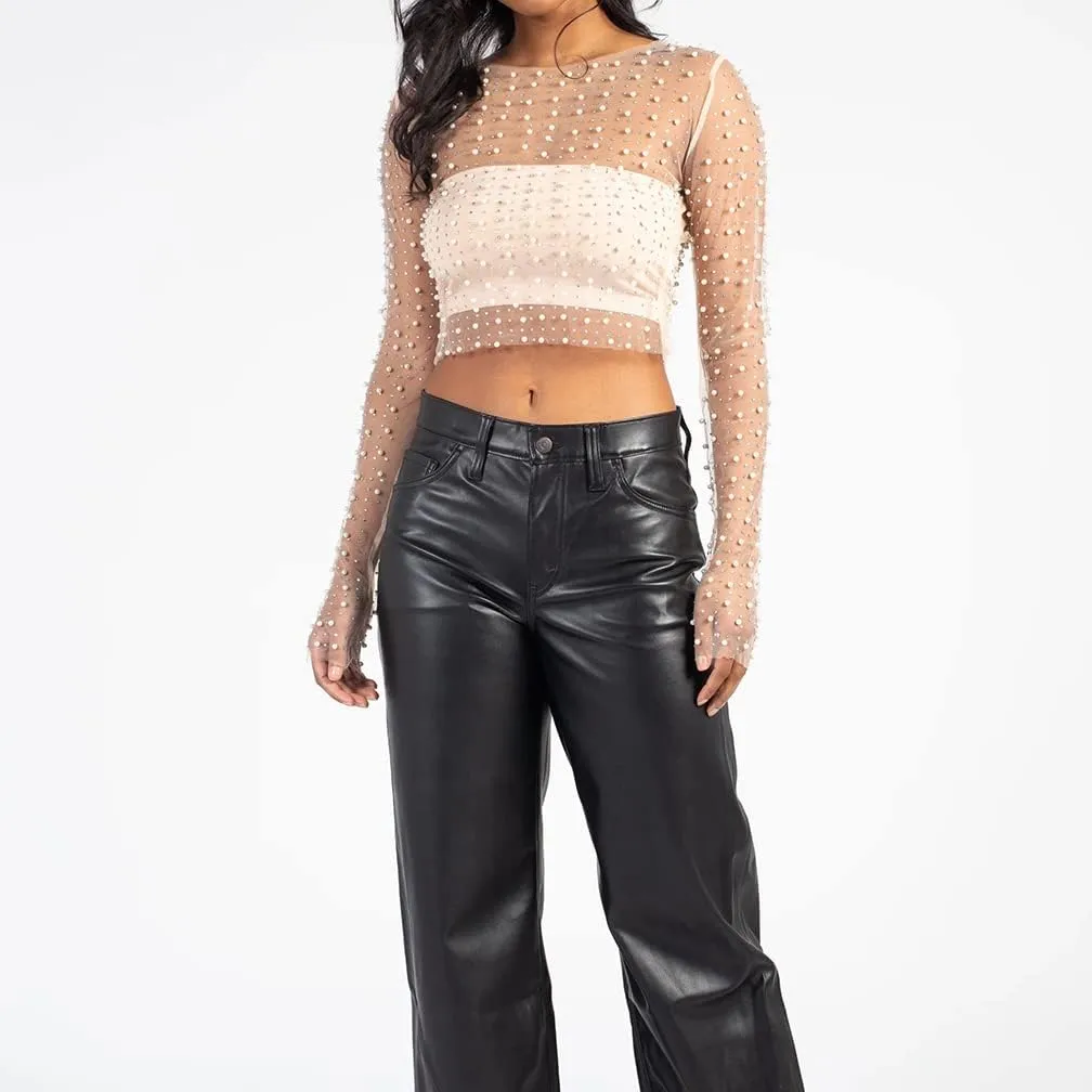 LOFAAC Women Sexy See Through Pearl Rhinestone Beaded Crop Top Y2K Long Sleeve Sheer Mesh Crop Blouse Shirt Clubwear 90s