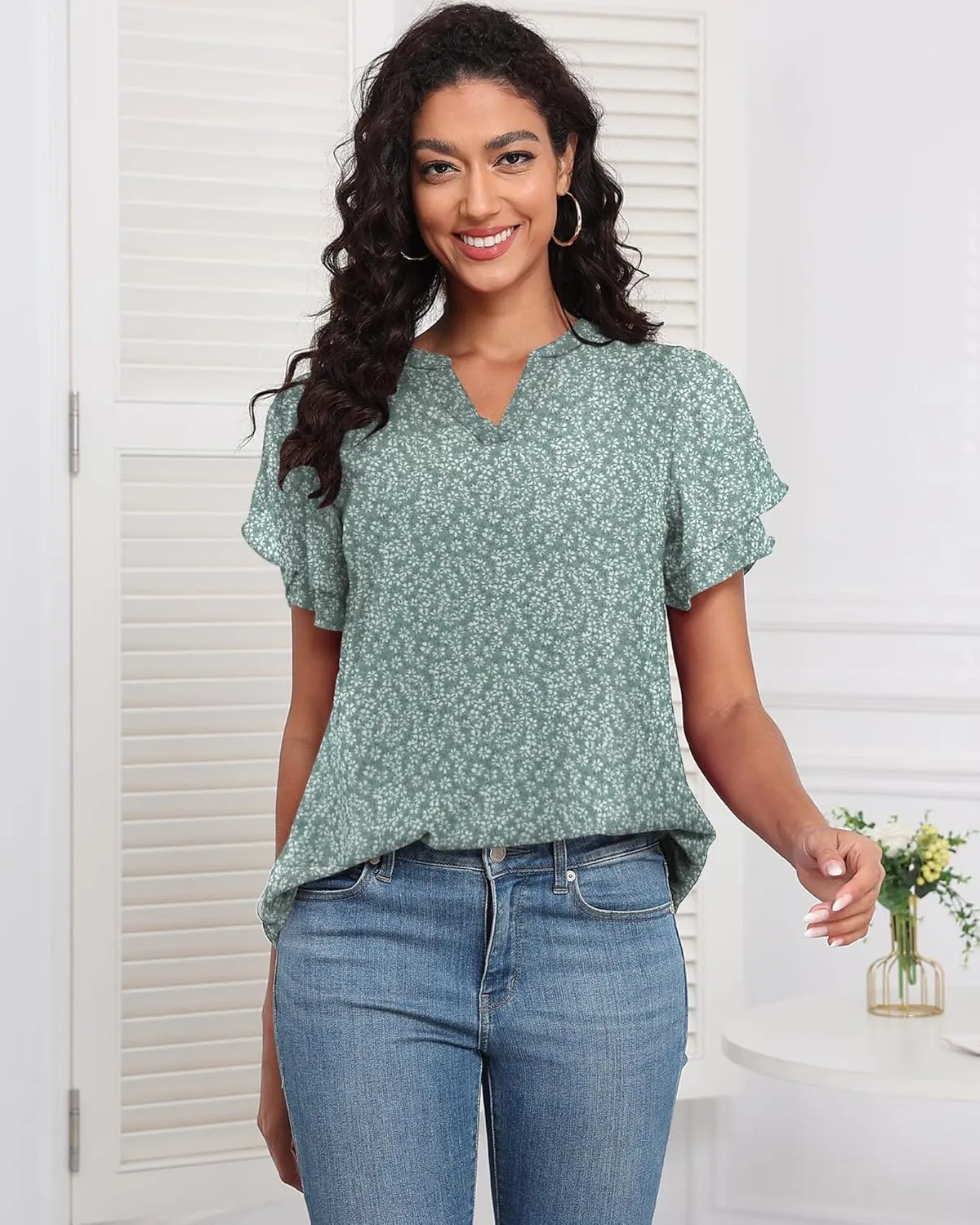 LOUSGUTA Chiffon Blouses for Women Short Sleeve Business Casual Work Chiffon Tops Ruffle Puff Petal Sleeve Shirts V Neck