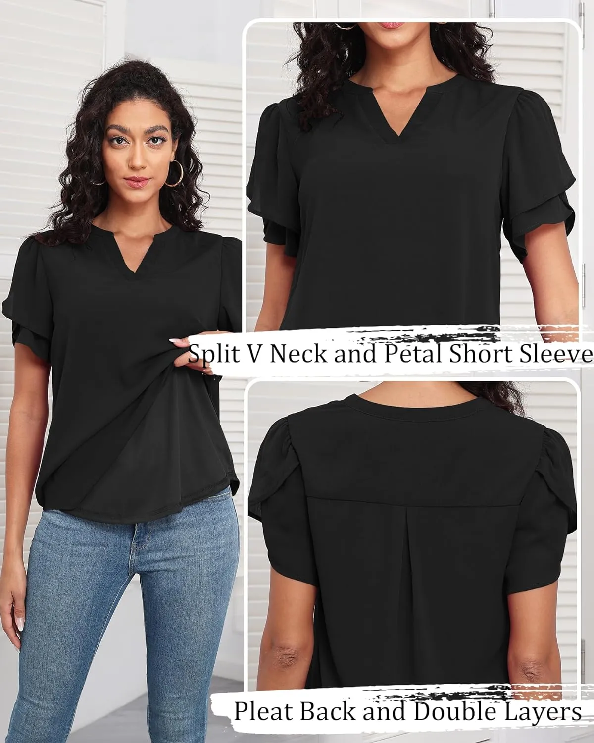 LOUSGUTA Chiffon Blouses for Women Short Sleeve Business Casual Work Chiffon Tops Ruffle Puff Petal Sleeve Shirts V Neck