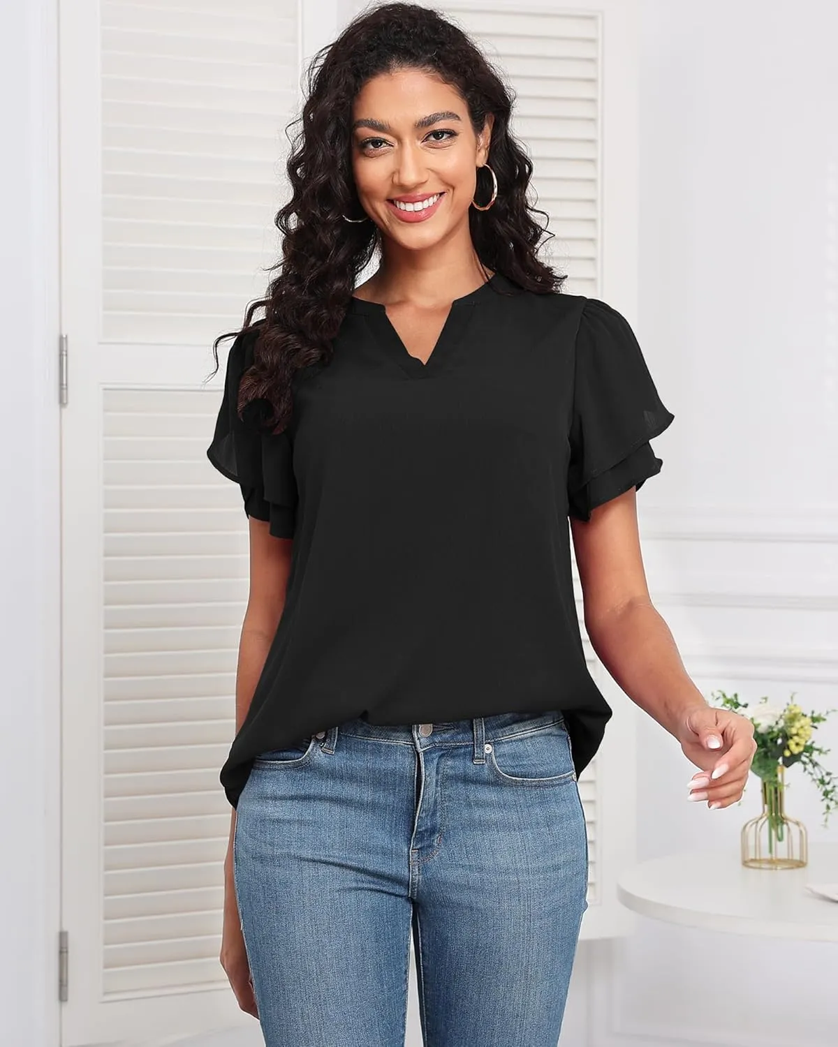 LOUSGUTA Chiffon Blouses for Women Short Sleeve Business Casual Work Chiffon Tops Ruffle Puff Petal Sleeve Shirts V Neck