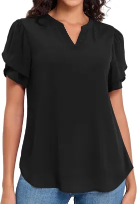 LOUSGUTA Chiffon Blouses for Women Short Sleeve Business Casual Work Chiffon Tops Ruffle Puff Petal Sleeve Shirts V Neck
