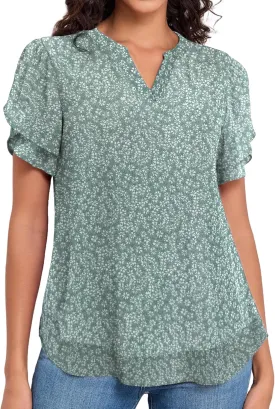 LOUSGUTA Chiffon Blouses for Women Short Sleeve Business Casual Work Chiffon Tops Ruffle Puff Petal Sleeve Shirts V Neck