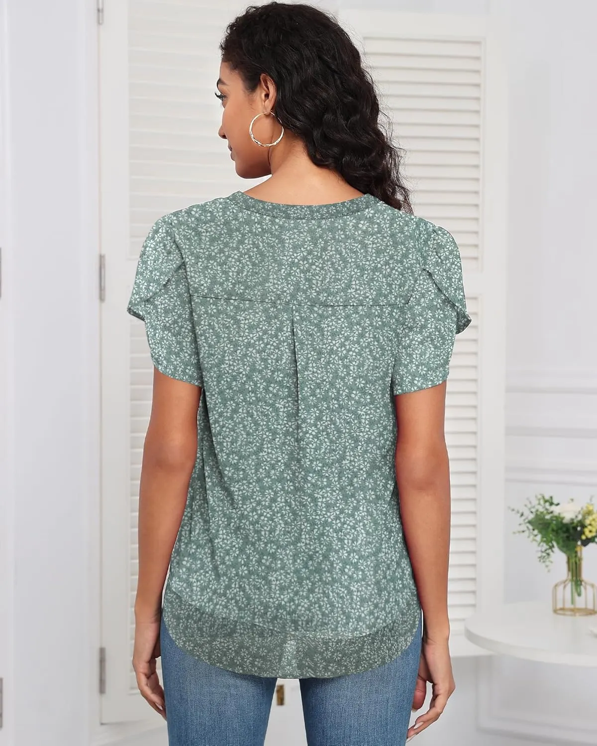 LOUSGUTA Chiffon Blouses for Women Short Sleeve Business Casual Work Chiffon Tops Ruffle Puff Petal Sleeve Shirts V Neck