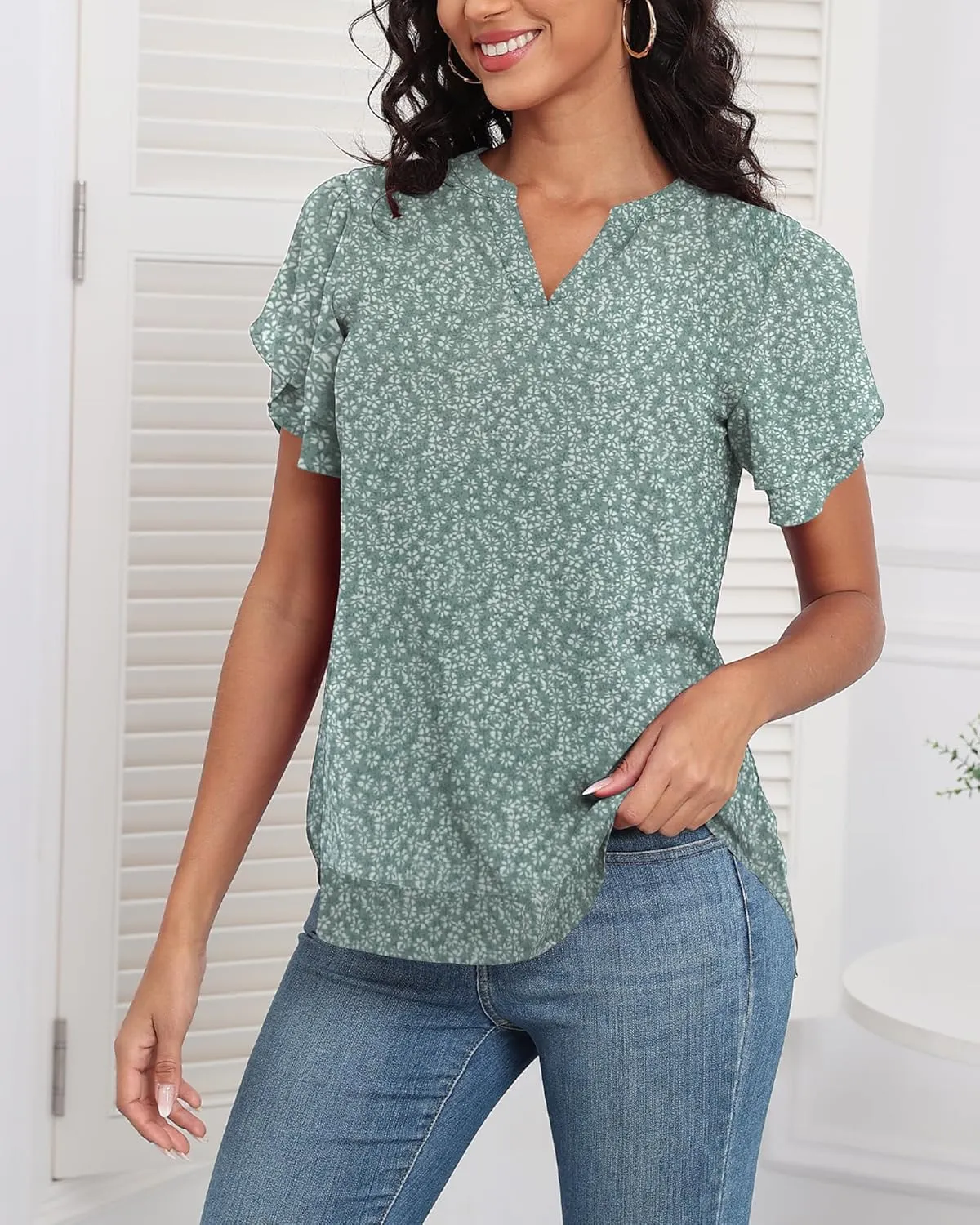 LOUSGUTA Chiffon Blouses for Women Short Sleeve Business Casual Work Chiffon Tops Ruffle Puff Petal Sleeve Shirts V Neck