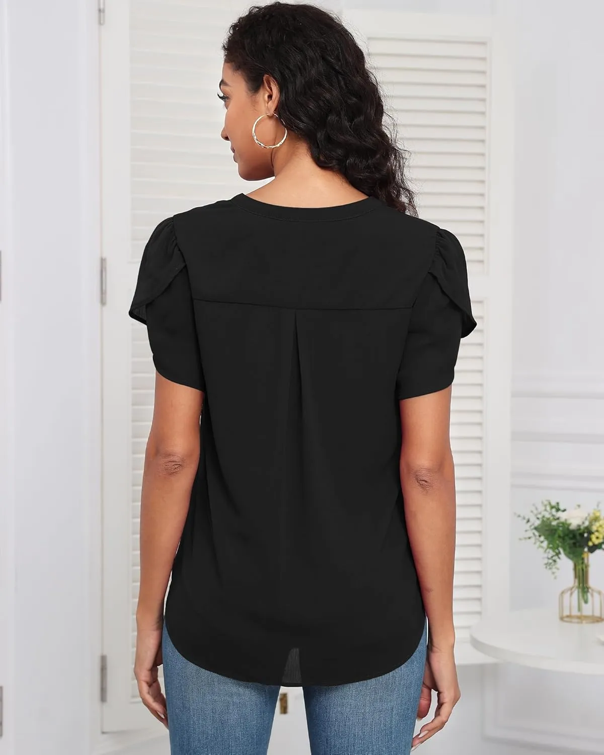LOUSGUTA Chiffon Blouses for Women Short Sleeve Business Casual Work Chiffon Tops Ruffle Puff Petal Sleeve Shirts V Neck