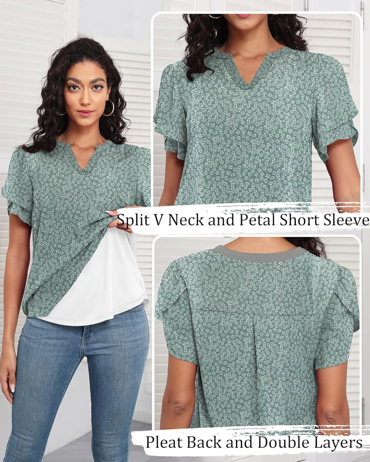 LOUSGUTA Chiffon Blouses for Women Short Sleeve Business Casual Work Chiffon Tops Ruffle Puff Petal Sleeve Shirts V Neck
