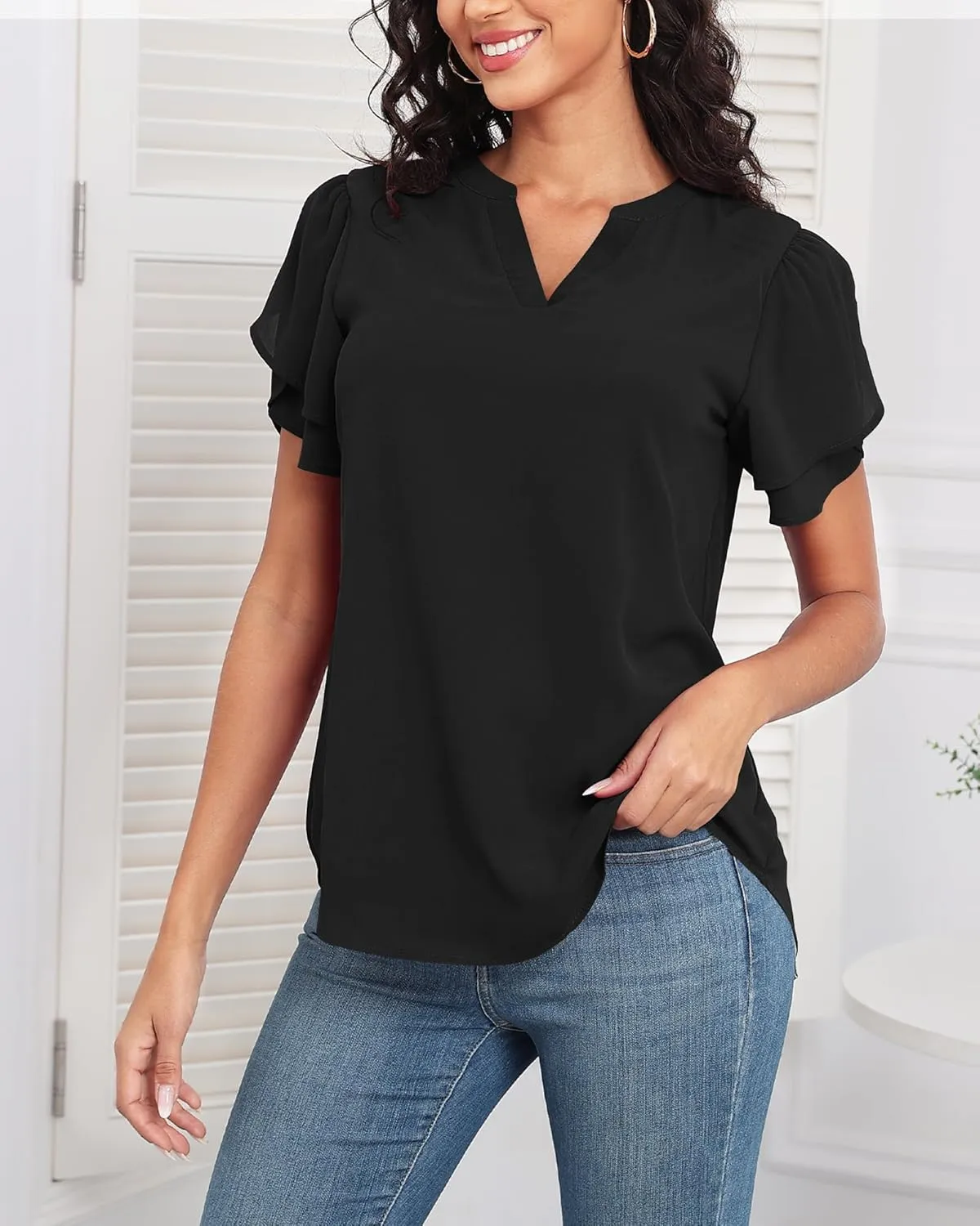 LOUSGUTA Chiffon Blouses for Women Short Sleeve Business Casual Work Chiffon Tops Ruffle Puff Petal Sleeve Shirts V Neck