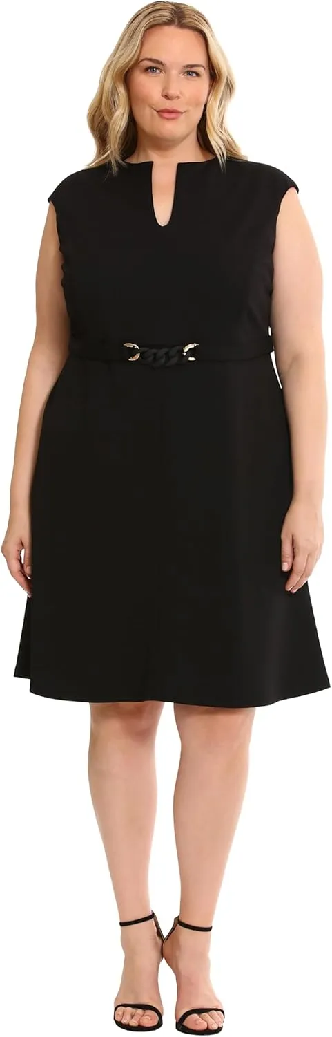 Maggy London Women's Notch Mock Neck Fit and Flare Crepe Dress