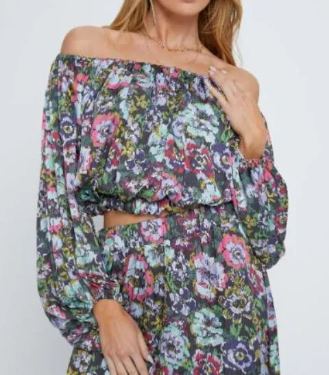 Meet Me In Santorini Multicolor Floral Cropped Off Shoulder Blouse