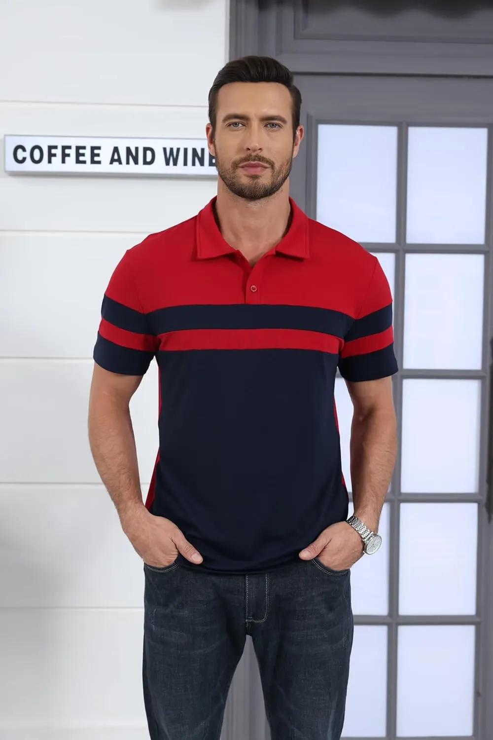 Mens Polo Shirts Short Sleeve Color Block T Shirt Summer Lightweight Casual Golf Shirts