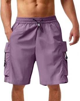 Mens Shorts Cargo Elastic Waist Lightweight Straight Leg Work Shorts Relaxed Fit Multi Pockets Travel Hiking Pants